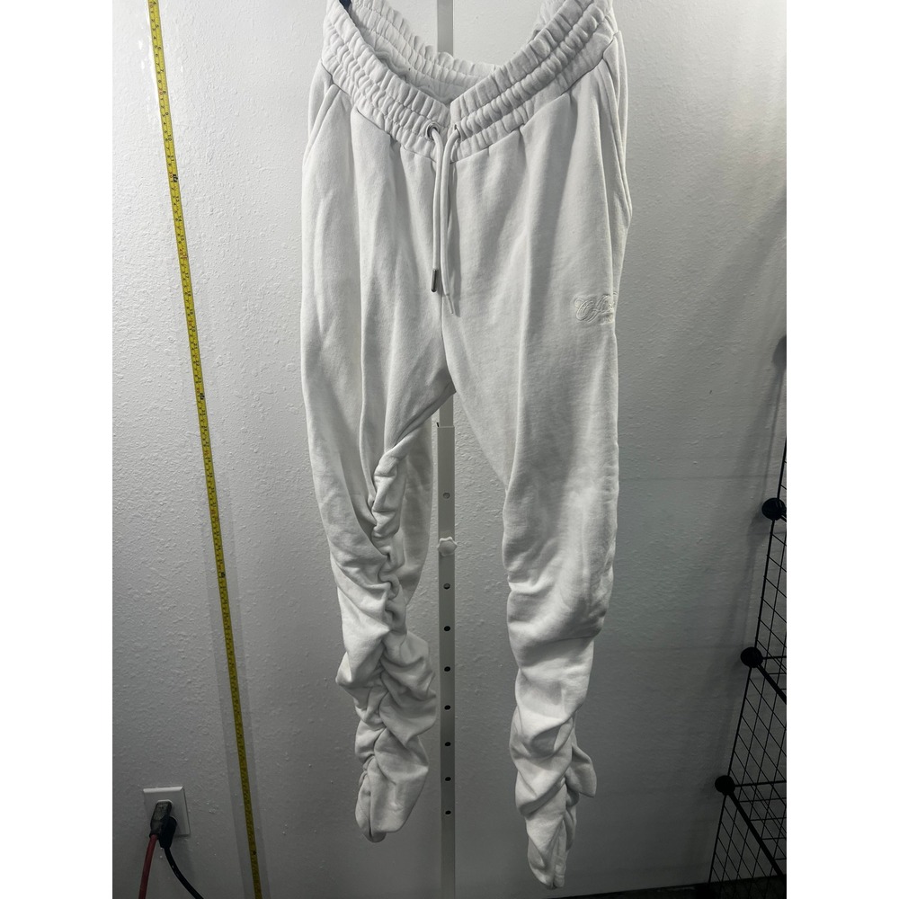 BoohooMAN Mens White Stacked Joggers Ruched Sweatpants Size Medium Streetwear‎